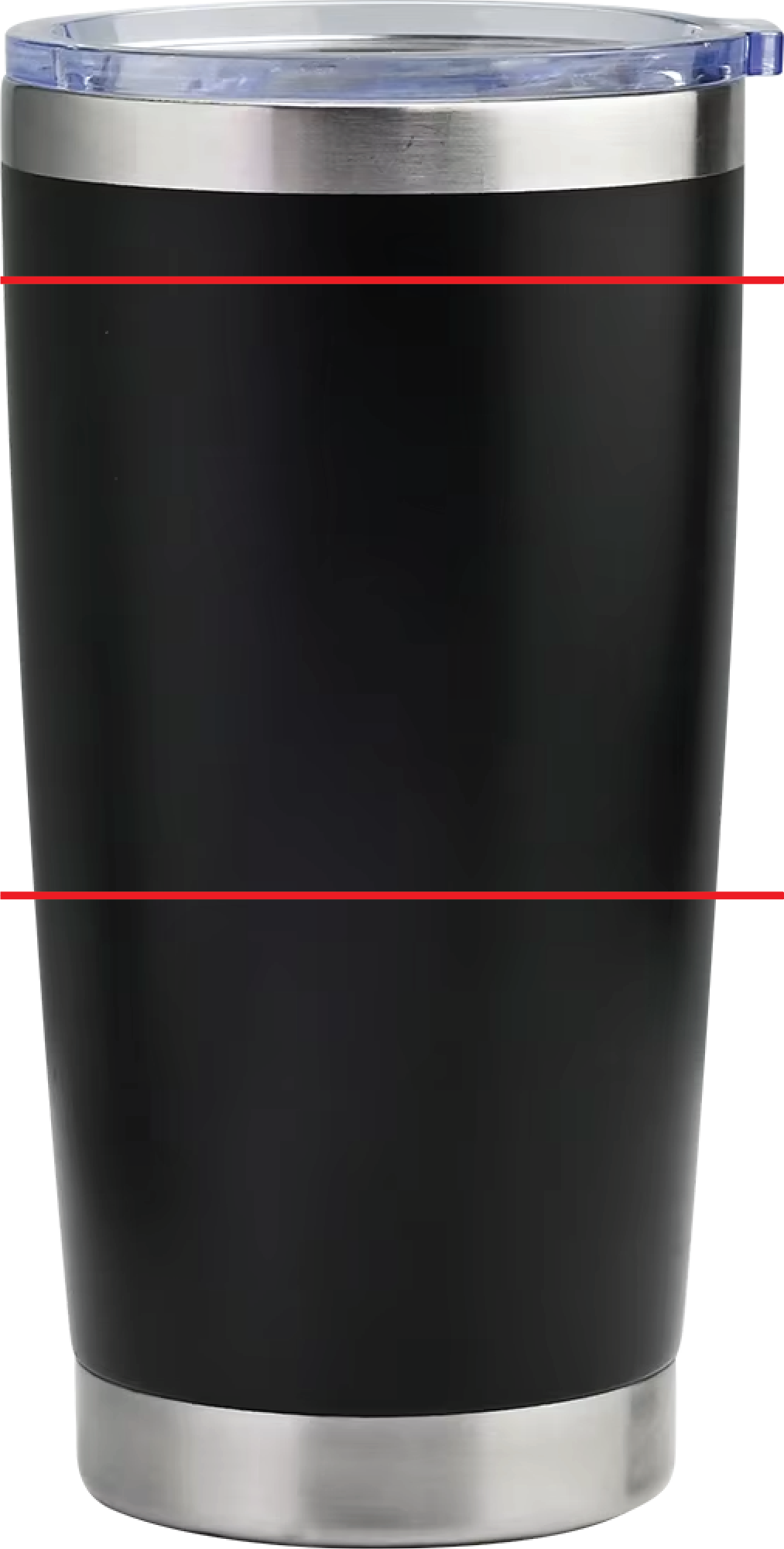 Custom engraved 20 oz tumbler in black with engraving safe zone guide lines