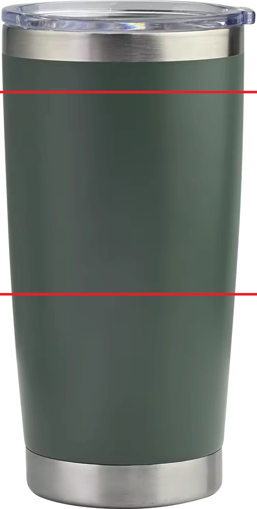 Custom engraved 20 oz tumbler in dark green with engraving safe zone guide lines