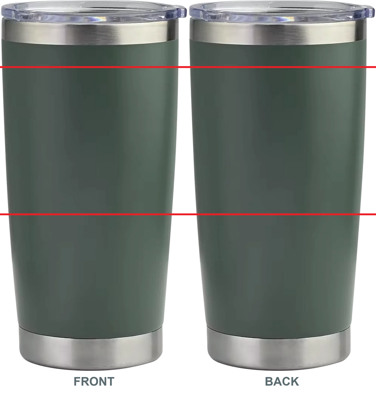Double-sided engraved 20 oz tumbler in dark green, front and back views