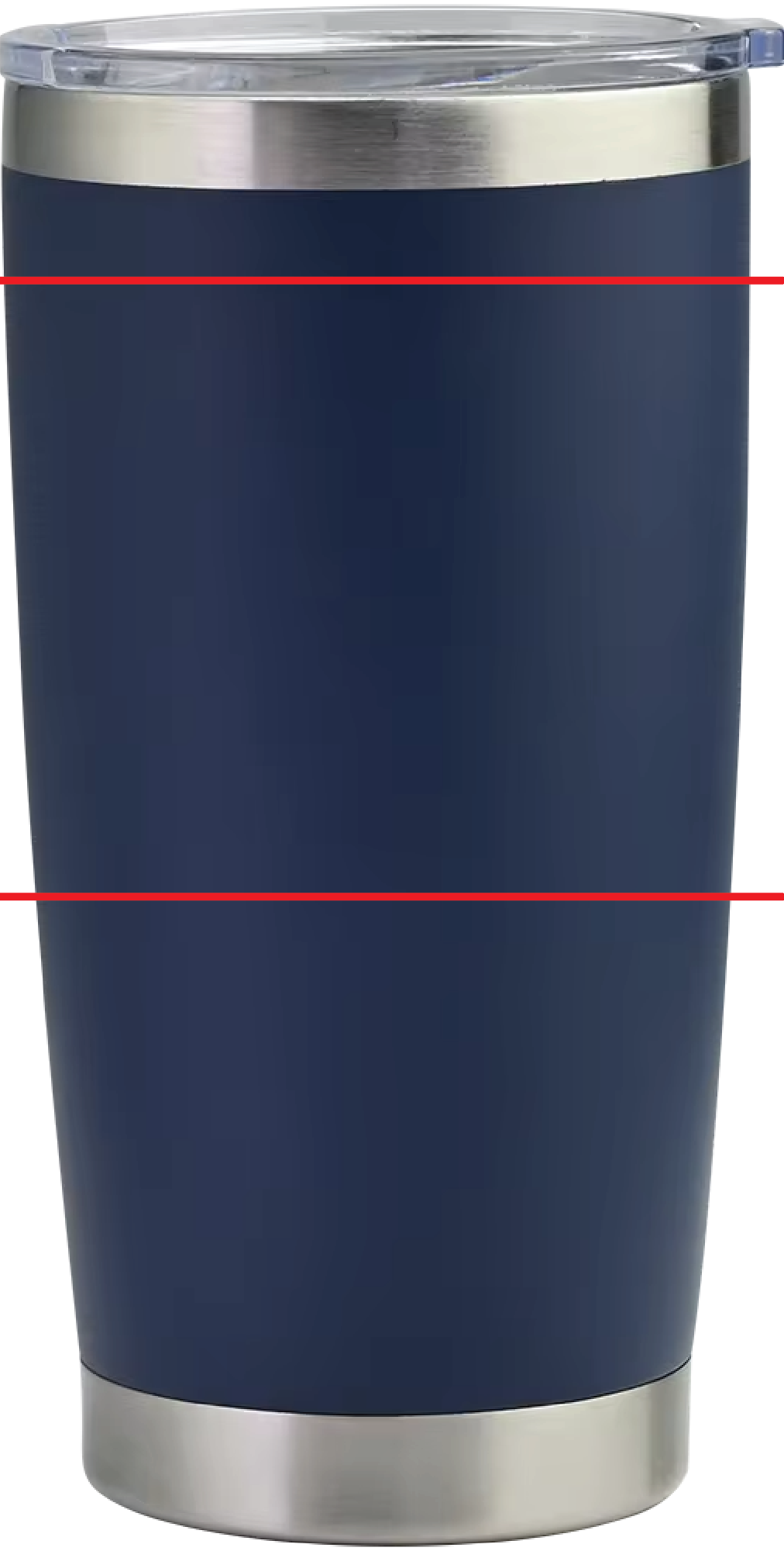 Custom engraved 20 oz tumbler in navy with engraving safe zone guide lines