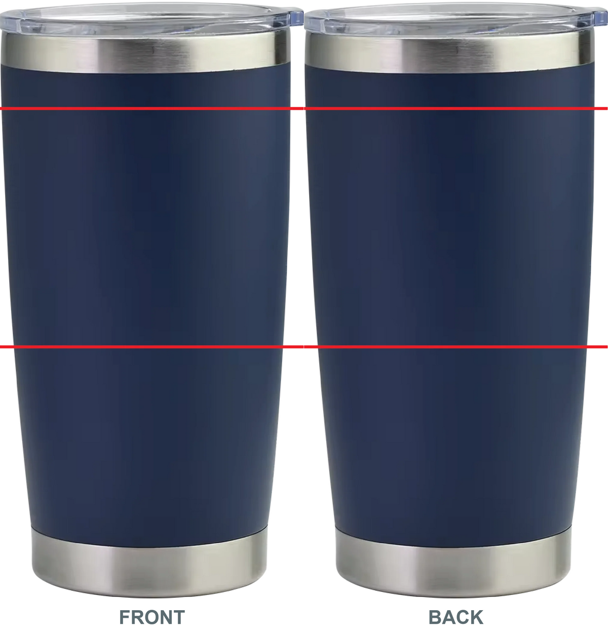 Double-sided engraved 20 oz tumbler in navy, front and back views