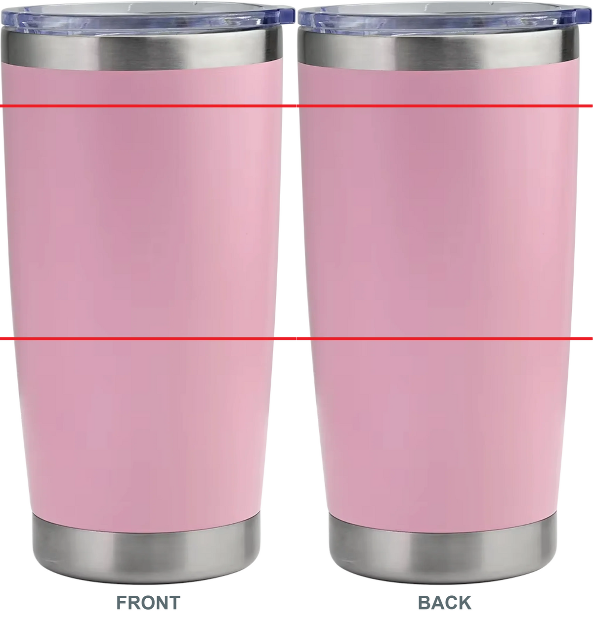 Double-sided engraved 20 oz tumbler in pink, front and back views