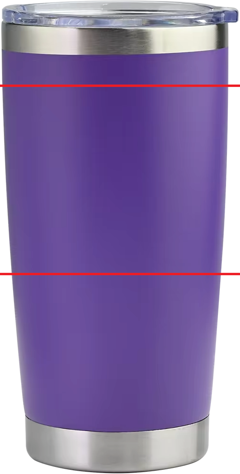 Custom engraved 20 oz tumbler in purple with engraving safe zone guide lines