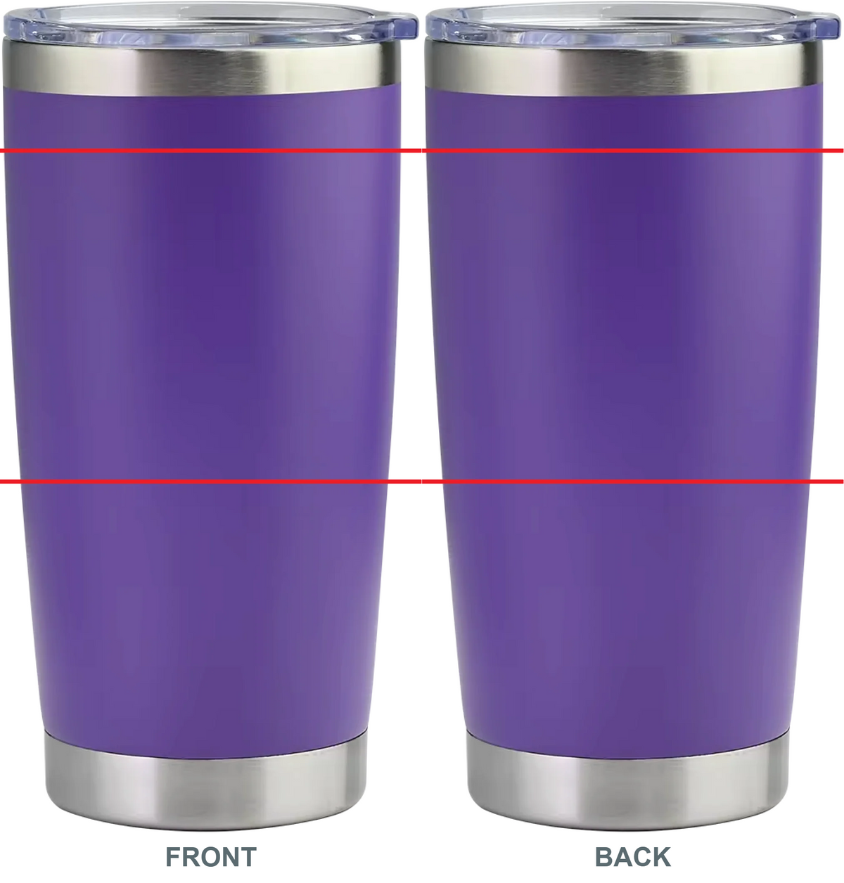 Double-sided engraved 20 oz tumbler in purple, front and back views