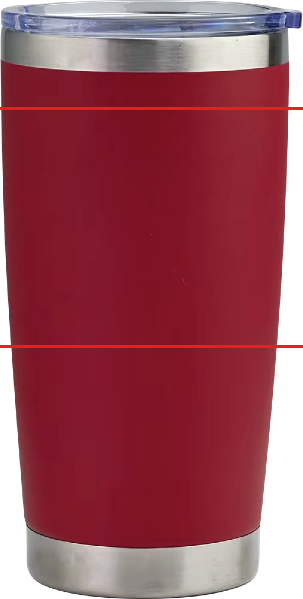 Custom engraved 20 oz tumbler in red with engraving safe zone guide lines