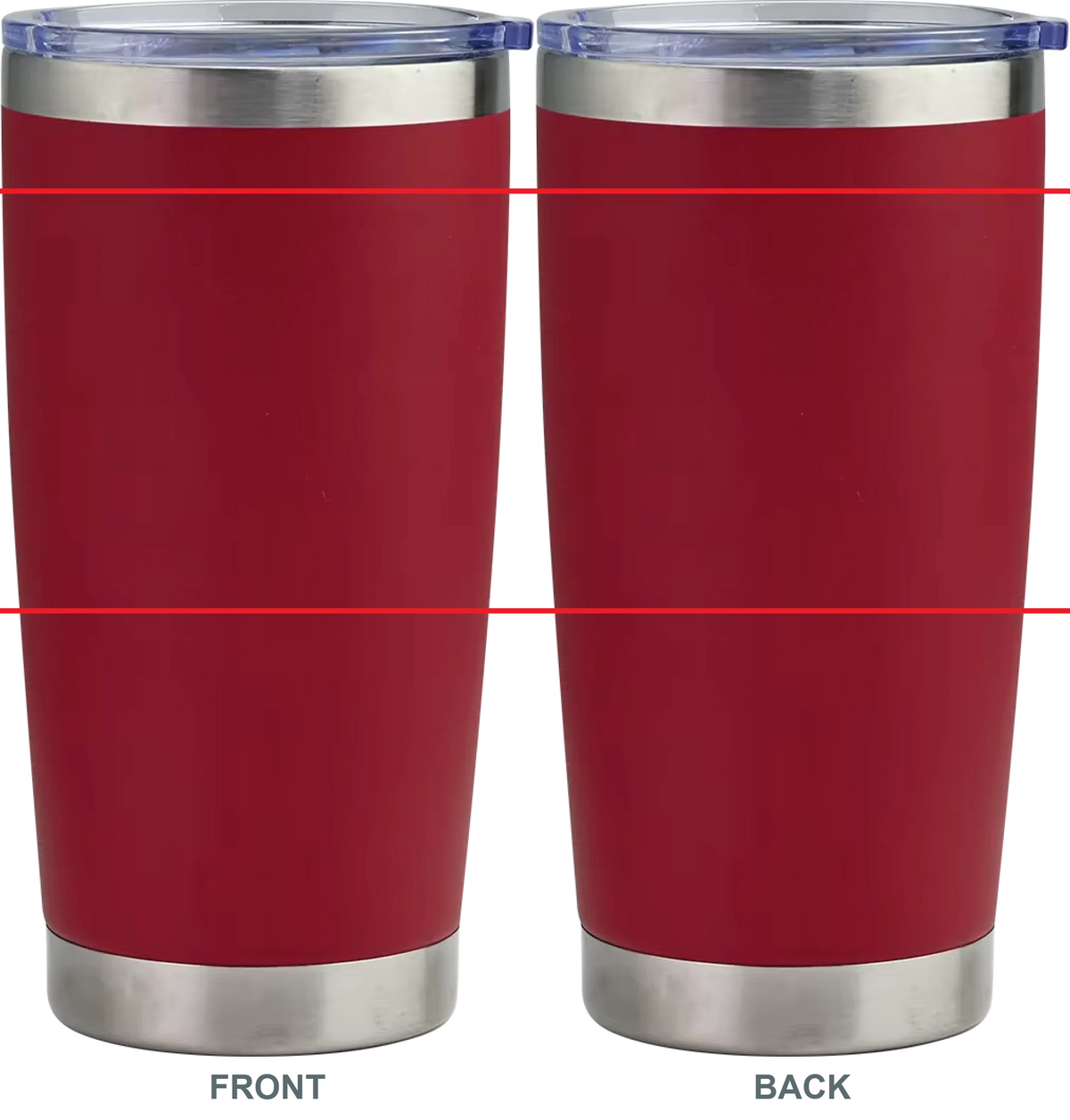 Double-sided engraved 20 oz tumbler in red, front and back views