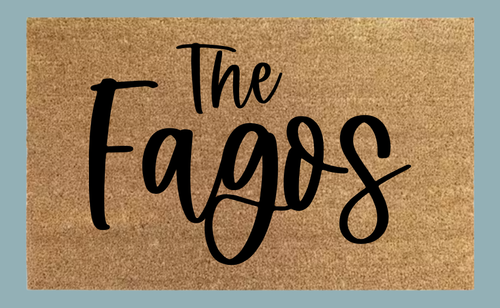 Personalized last name coir doormat with family name in script lettering