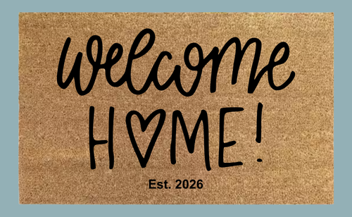 Welcome Home hand-lettered coir doormat by Sawyer Creative Co.