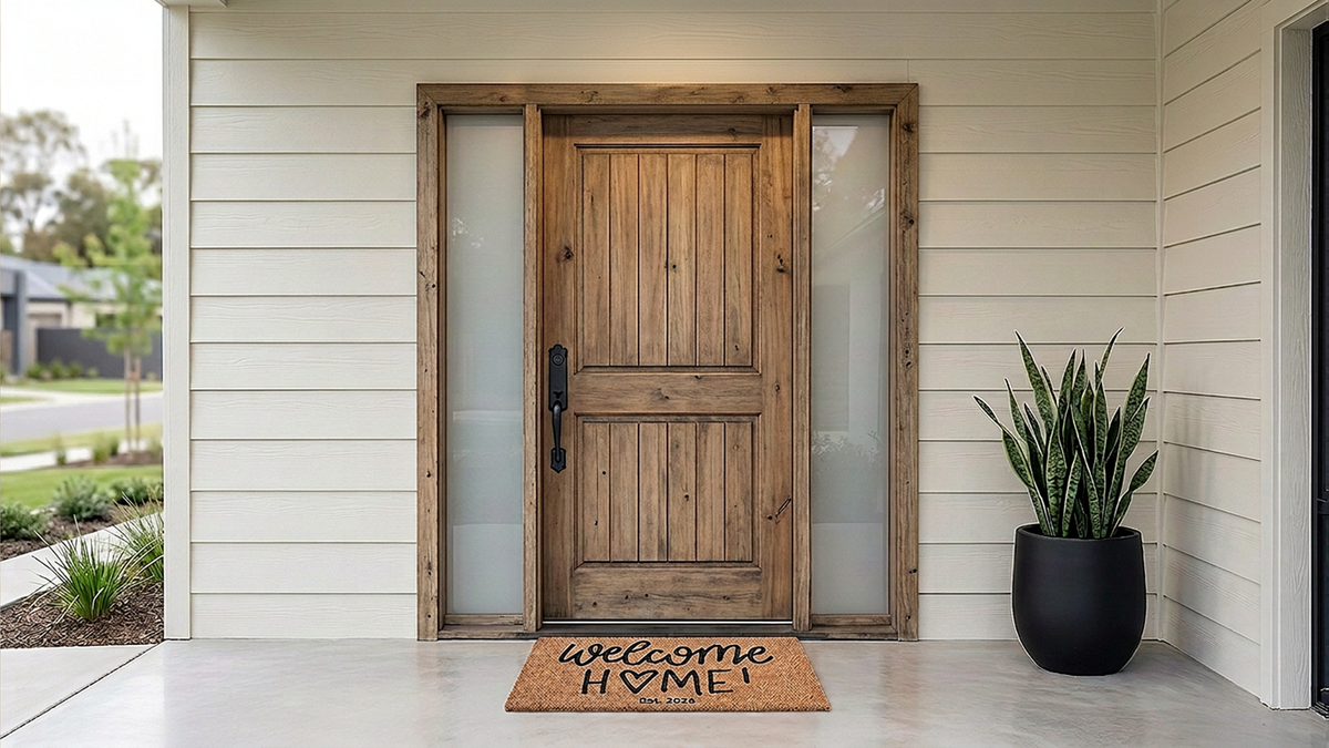 Welcome Home coir welcome mat shown at a front door